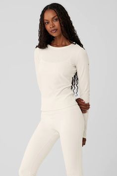 Ribbed Sea Coast Long Sleeve - Ivory | Alo Yoga Sea Coast, Ski Slopes, Cute Skirt, Tank Top Bras, Womens Capris, Tank Top Long Sleeve, Back Women, Cute Skirts, Alo Yoga