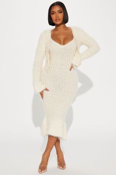 All Fuzzy Sweater Maxi Dress Set - Cream Fuzzy Sweater Dress, Fashion Nova Plus Size, Rust Sweater, Cream Fashion, Sleeve Bolero, White Sweater Dress, Sweater Maxi Dress, Lounge Dress, Fuzzy Sweater