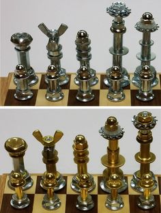 the chess board has many different types of knobs on it, including one that is gold and silver