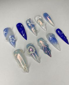 Nail Set Inspiration, Space Blue Nails, Nail Press On Designs, Long Design Nails, Nail Press On, Frutiger Aero Nails, Uñas Press On, Nails Press On, Nails Inspo Blue