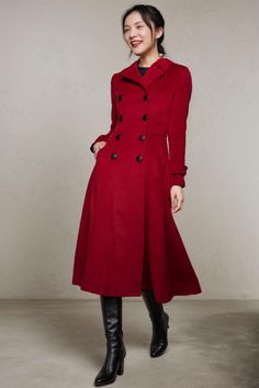 ★★ Welcome to my Ylistyle's shop！！！ This dark red wool coat, suitable for various occasions, whether for everyday wear or formal events.  Every detail of the long wool coat is handled very well.  The wool coat can be customized to your size. ★★FEATURES 50% wool, 50% fiber nylon polyester Polyester lining Two Side pockets Buttons closure Long wool coat A line coat Vintage inspired overcoat Dark red wool coat Autumn winter wool coat Dry clean ★★ The model's height approx 170 cm (5′ 7″) with the 84 cm (33") bust, 66 cm (26") waist. She is wearing the wool coat in size XS (US2) ★★ Please select custom order according to the follow situation Can't find your size Your height is over 175cm Your weight is over 75kg Request Length custom Request sleeve length ★★ Get your size in Size Chart with you Red Wool Long Pea Coat, Red Single-breasted Wool Coat For Fall, Red Wool Coat With Buttons For Fall, Elegant Red Wool Coat For Winter, Red Fitted Wool Coat For Fall, Red Single Breasted Pea Coat For Winter, Fitted Red Wool Coat For Fall, Red Wool Pea Coat For Fall, Red Single-breasted Winter Pea Coat