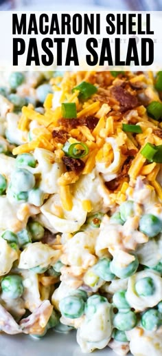 this macaroni and cheese pasta salad is loaded with green peas, bacon, and cheddar cheese