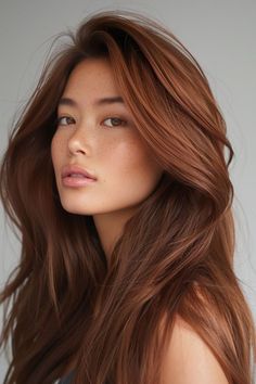 Hair Color For Medium Dark Skin Tones, Medium Skin Tone Hair Color, Hair Color For Medium Skin Tones, Hair Color Dark Skin, Asian Hair Inspiration, Kimchi Salad, Dark Ginger Hair, Copper Brown Hair, Holographic Hair