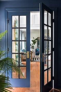 an open door leading to a living room with blue walls and wooden floors, palm tree in the foreground