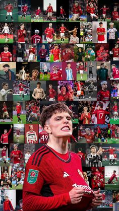 a collage of soccer players with many different pictures on the wall in front of them