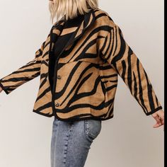 Fits A Bit Oversized, Button Up ,90%Polyester/10%Wool Casual Brown Blazer For Fall, Print Jacket, Tan Color, Black Tan, Zebra Print, Black And Tan, Lush, Button Up, Jackets & Coats