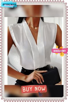 Sleeveless V-neck Plain Casual Top Elegant V-neck Solid Color Vest, Elegant V-neck Blouse For Summer, Elegant Sleeveless V-neck Top For Work, Elegant Summer Office Tank Top, Chic Sleeveless V-neck Top For Summer, Elegant Tank Top For Office In Summer, Elegant Summer Tank Top For Office, Chic Solid Color V-neck Top For Summer, V-neck Tank Top For Office In Summer