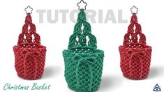 three crocheted christmas baskets with handles