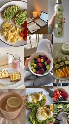 a collage of photos with food and drinks