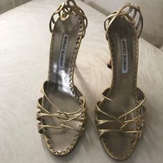 Gorgeous Golden Leather Heels. Shoes Are In Great Used Condition But Missing Gold Ankle Straps. Excellent Buy For This Popular Designer Brand. Manolo Blahnik Vintage Heels, Shoes Manolo Blahnik, Blahnik Shoes, Vintage Heels, Manolo Blahnik Shoes, Heels Shoes, Ankle Straps, Manolo Blahnik, Leather Heels