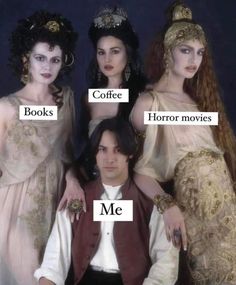 four women in costumes with words on them that say me, coffee, books, horror movies