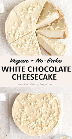 White chocolate cheesecake with chocolate curls on top White Chocolate Curls, Baked White Chocolate Cheesecake, White Chocolate Drizzle, Vegan White Chocolate, Vegan Baking Recipes, White Chocolate Cheesecake, Chocolate Curls, Vegan Cake Recipes, Vegan Cheesecake