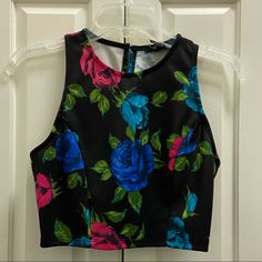 Brand New With Tags! Excellent Condition - Never Worn. Black Crop Top Made Of An Athletic-Y Feeling Material. It Fits Tightly! The Back Has A Button Clasp At The Top. Please Message Me With Any Questions Or Offers! :) Spring Multicolor Crop Top For Night Out, Multicolor Crop Top For Spring Night Out, Black Floral Print Crop Top For Party, Forever 21 Floral Print Crop Top, Forever 21 Black Floral Print Top, Forever 21 Fitted Floral Print Crop Top, Fitted Forever 21 Floral Print Crop Top, Fitted Floral Print Crop Top By Forever 21, Trendy Forever 21 Floral Print Crop Top