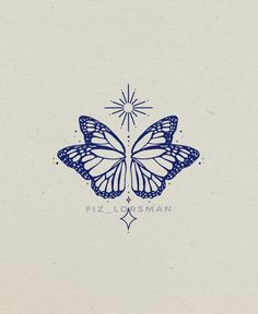 a blue and white drawing of a butterfly with the words fizz shan on it