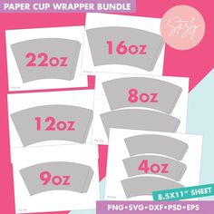 the paper cup wrapper bundle is shown in four different sizes and has pink lettering on it