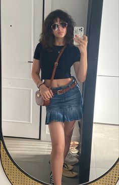 casual outfit basic 2000’s denim skirt thrifted vintage belt ralph lauren bag aviators summer outfit downtown girl rockstar gf cool girl aesthetic idk what to put here Skirt Belt Outfit, Girl Rockstar, Girls Rockstar, Ralph Lauren Bag, Cool Girl Aesthetic, Outfit Basic, Belt Outfit, Rockstar Gf, Ralph Lauren Bags