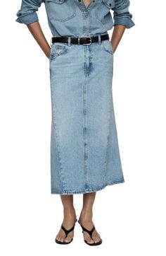 A long back slit lends easy movement to this midi skirt cut from nonstretch denim and finished with classic fading. Zip fly with button closure Five-pocket style Back slit 100% cotton Machine wash, line dry Imported Glamorous Fashion, Medium Blue, Denim Skirt, Womens Bottoms, Midi Skirt, Mango, Nordstrom, Skirt, Blue