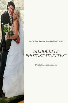 a bride and groom posing for a photo in front of a stone wall with the words, smooth shiny finished edges