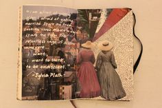 an open book with images of women in dresses and hats on the page, which is attached to a cord