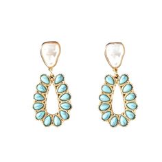 Style number 3054333 Gold western drop earrings Accented turquoise stones Teardrop shape Post style 60% Zinc, 40% Acrylic Turquoise Statement Earrings, Stone Drop Earrings, Turquoise Wedding, Wrist Candy, Bride Earrings, Turquoise Stones, Clothes Closet, Dresses To Wear To A Wedding, Turquoise Earrings