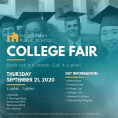 a flyer for a college fair with students in graduation caps and gowns on their heads