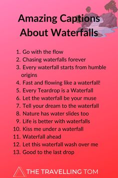 a pink poster with the words, amazing captions about waterfalls and how to use them