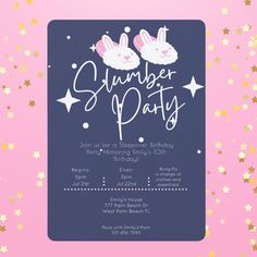 a pink and blue birthday party with bunnies on the front, stars in the background