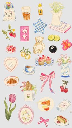 an image of various stickers on the back of a laptop computer screen with flowers, cakes and other items