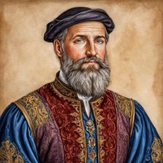 an old painting of a man with a beard and wearing a red, blue and gold outfit