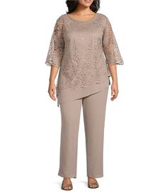 Le Bos Plus Size Stretch Lace 3/4 Sleeve Beaded Round Neck Knit 2-Piece Pant Set | Dillard's Two Piece Pant Set Formal, Pants Set Outfit Women, Womens Dressy Pants, Wedding Trouser Suits, Semi Formal Outfits For Women, Dressy Pant Suits, Plus Size Pant Suits, Mother Of The Bride Plus Size, Semi Formal Outfits