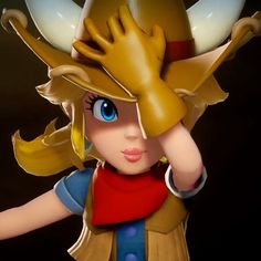 a close up of a figurine wearing a hat and holding her hands on her head