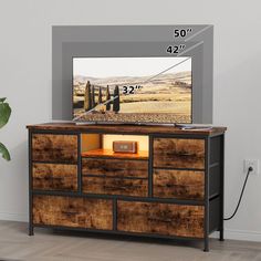 a tv stand with drawers and a large screen on it's side, next to a potted plant