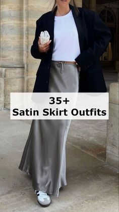 Silky Skirt Outfit, Silk Maxi Skirt Outfit, Satin Skirt Outfit Winter, Silver Skirt Outfits, Winter Mini Skirts, Fashion Women Outfits, Silk Skirt Outfit, Long Silk Skirt, Black Satin Skirt