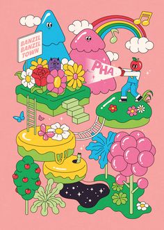 a pink background with various cartoon characters and flowers on top of each other, including a rainbow