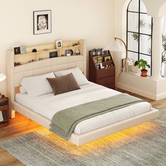 Queen Size Upholstered Floating Bed with LED and Storage Headboard