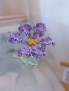 a purple flower in a glass vase on a table