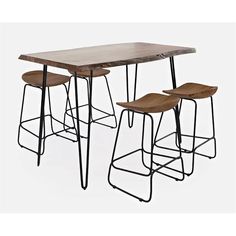 three stools and a table with wooden top