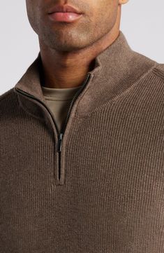 Shaker stitching brings a lofty feel to this sporty quarter-zip sweater knit from cashmere-kissed cotton yarn. Quarter-zip closure Stand collar Long sleeves Ribbed cuffs and hem 95% cotton, 5% cashmere Machine wash, dry flat Imported Sweater Quarter Zip, Casual Men Clothes, Men Ootd Casual, Mens Quarter Zip Outfit, Mens Quarter Zip Sweater Outfit, Man Winter Fashion, Quarter Zip Pullover Outfit, Quarter Zip Outfit Men, Quarter Zip Outfit