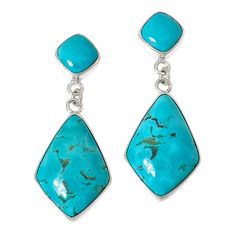 Jay King Sterling Silver Tyrone Turquoise Drop Earrings  Tyrone turquoise, a rare American-mined stone, is the star of these beautiful, handcrafted sterling silver earrings. The colorful drops make a stylish addition to any gemstone jewelry collection! From Jay King.       Approx. 1-7/16"L x 9/16"W      Stamped .925     Pierced with wire backs     Sterling silver earrings have diamond-shaped drops of bezel-set turquoise     Drops connect to cushion-cut turquoise stones bezel-set on post fronts Turquoise Sterling Silver Earrings - Fine Jewelry, Turquoise Sterling Silver Fine Jewelry Earrings, Turquoise Sterling Silver Earrings Fine Jewelry, Turquoise Sterling Silver Dangle Jewelry, Turquoise Sterling Silver Pierced Earrings, Turquoise Dangle Jewelry In Sterling Silver, Nickel-free Turquoise Sterling Silver Earrings, Southwestern Turquoise Earrings With Natural Stones, Sterling Silver Turquoise Jewelry With Matching Earrings