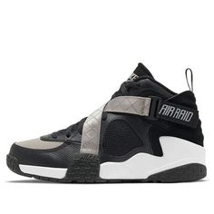 The Nike Air Raid OG 'Black Grey' is a bold and stylish sneaker that will make a statement. Originally released in 1992, the design by Tinker Hatfield was made to be a unique and eye-catching shoe. The iconic X-strap across the upper gives it a distinctive look. The rubber sole provides comfort and stability, making it perfect for any activity. The Air Raid series was inspired by the idea of peace, and this black version is the perfect way to show your style. Get the Nike Air Raid OG 'Black Grey' and make a statement. (SNKR) Modern Nike High-top Sports Sneakers, Modern Nike High-top Sneakers For Sports, Sporty High-top Sneakers With Rubber Sole For Sports Events, Modern High-top Sneakers For Training, Nike High-top Custom Sneakers For Sports Events, Nike Breathable High-top Sneakers For Streetwear, High-top Sneakers With Abzorb Midsole For Sports, Sporty Black Custom Sneakers With Abzorb Midsole, Sporty Custom Black Sneakers For Sports Events