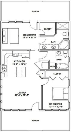 the floor plan for a two bedroom, one bathroom apartment with an attached living area