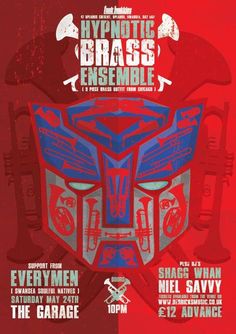 the poster for hypnotic brass ensemble, featuring an image of a robot mask