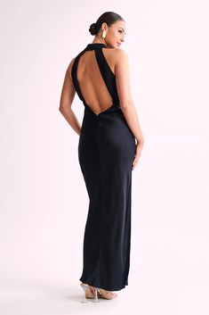 Claire Satin Drape Back Maxi Dress with Split - Black - MESHKI U.S Dress With Split, Statement Accessories, Bridesmaid Dresses Plus Size, Dresses By Length, Going Out Dresses, Overall Dress, Prom Party Dresses, Petite Dresses, Evening Dresses Prom