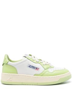 avocado green/white calf suede colour-block panelled design tonal stitching round toe perforated toebox logo patch to the side logo patch at the tongue branded heel counter padded ankle branded leather insole French terry lining logo at the sole flat rubber sole front lace-up fastening This piece comes complete with a protective dust bag. Autry Shoes, The Tongue, Logo Label, Avocado Green, Top Designer Brands, Low Sneakers, High End Fashion, Sneakers White, Leather Sneakers