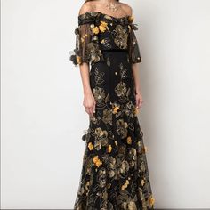 Off-The-Shoulder Floral-Appliqud Embroidered Tulle Gown In Black/Yellow/Gold In Mint Condition Yellow Embroidered Party Gown, Yellow Off-shoulder Evening Dress, Yellow Off-shoulder Maxi Dress For Party, Multicolor Embroidered Floor-length Gown, Green Floral Embroidered Evening Gown, Black Embroidered Maxi Length Gown, Off-shoulder Embroidered Evening Dress, Gold Floral Embroidery Evening Dress, Yellow Floor-length Dress With Floral Embroidery