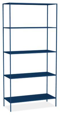 the shelf is blue and has three shelves on each side, one with two levels