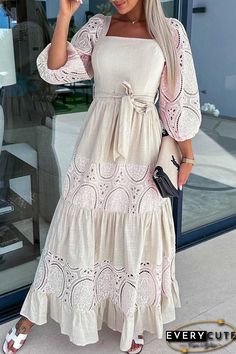 Details: Material: Spandex, Nylon Style: Elegant Pattern Type: Solid Element: Hollowed Out, Frenulum Neckline: Square Collar Silhouette: A Line Sleeve Length: Half Sleeve Fit Type: Loose Clothing Length: Long Type: Solid Color Size(in) Bust Waist Dresses Length S 37 27.6 55.1 M 38.6 29.1 55.5 L 40.2 30.7 55.9 XL 41.7 32.3 56.3 Tips:Due to the many variations in monitors, the color in the image could look slightly different Tied Dress, Fitted Party Dress, Ruched Maxi Dress, Line Dresses, Elegant Party Dresses, A Line Dresses, Tie Waist Dress, Outfit Trends, Strappy Dresses