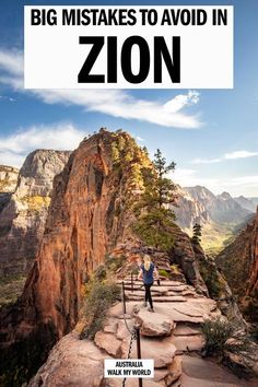 a man standing on top of a mountain with the words how to beat the crowds at angels landing