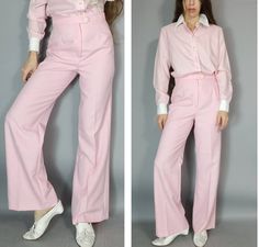 "Super Vintage 70s 80s Blouse and High Waisted Pant Suit Outfit in fun pink  Pink button down top with white collar and cuffs - woven pink wide leg high waisted pant with zip/button closure - great together for a total look or mixed with the wardrobe label Donnkenny top tag size 13/14 100% polyester pant tag size 9/10 85% Dacron poly 15% nylon size/fit top estimated fit s-l pant estimated fit s-m approximate measurements - taken with garment laid flat armpit 21\" across hem 21.5\" length 24.75\" Vintage Pink Wide Leg Pants, 1970s Style Fitted Pants For Spring, 1970s Style Fitted Spring Pants, Fitted 1970s Style Spring Pants, Fitted 1970s Style Pants For Spring, Vintage Pink Cotton Pants, Vintage Fitted Pink Pants, Retro Fitted Pink Pants, Vintage Pink Fitted Pants