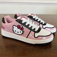 Hello Kitty Casual Court Sneakers In Pink, Black And White, Women’s Size 8. Brand New With Tags! Trendy Pink Skate Shoes With Round Toe, Pink Kawaii Sneakers With Round Toe, Kawaii Pink Sneakers With Round Toe, Hello Kitty Heels, Hello Kitty Shoes, Kitty Art, Hello Kitty Pink, Hello Kitty Art, Pink Shoes